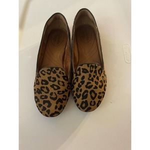 CLARKS Womens Sz 5.5 Brown Black Leather LEOPARD PRINT Shoes Flats Indigo 64566